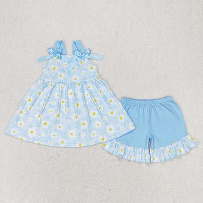 Baby Girl Sleeveless Flower Summer Sibling Dress Blue Set