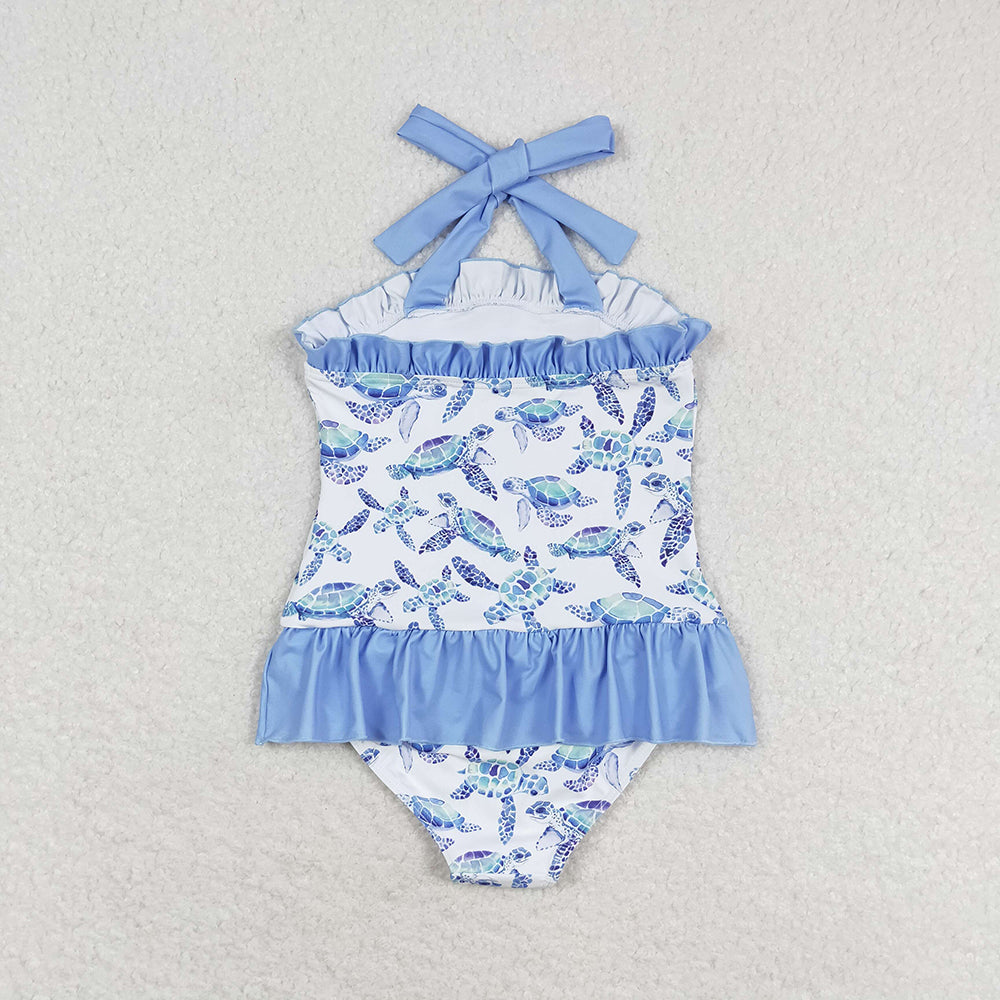 Baby Girl One Piece Ruffle Halter Turtles Blue Swimsuit