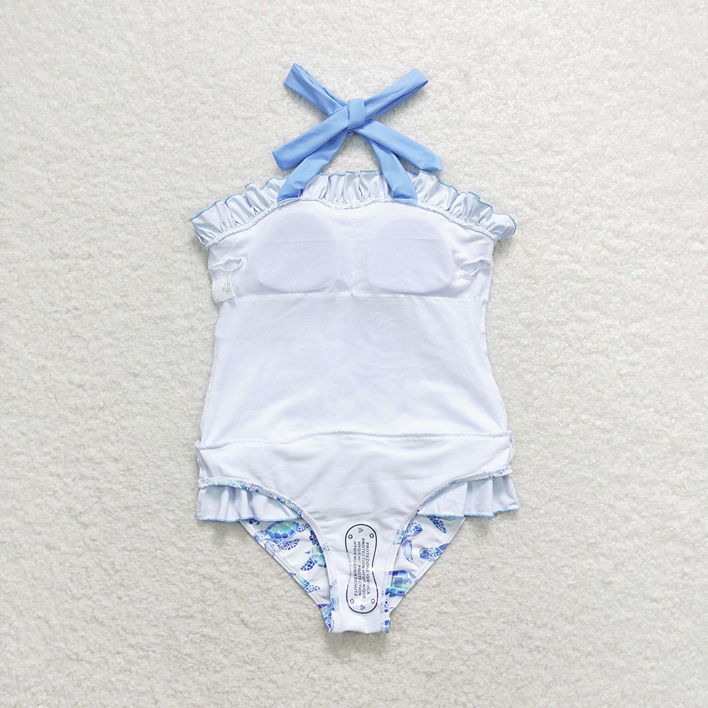 Baby Girl One Piece Ruffle Halter Turtles Blue Swimsuit