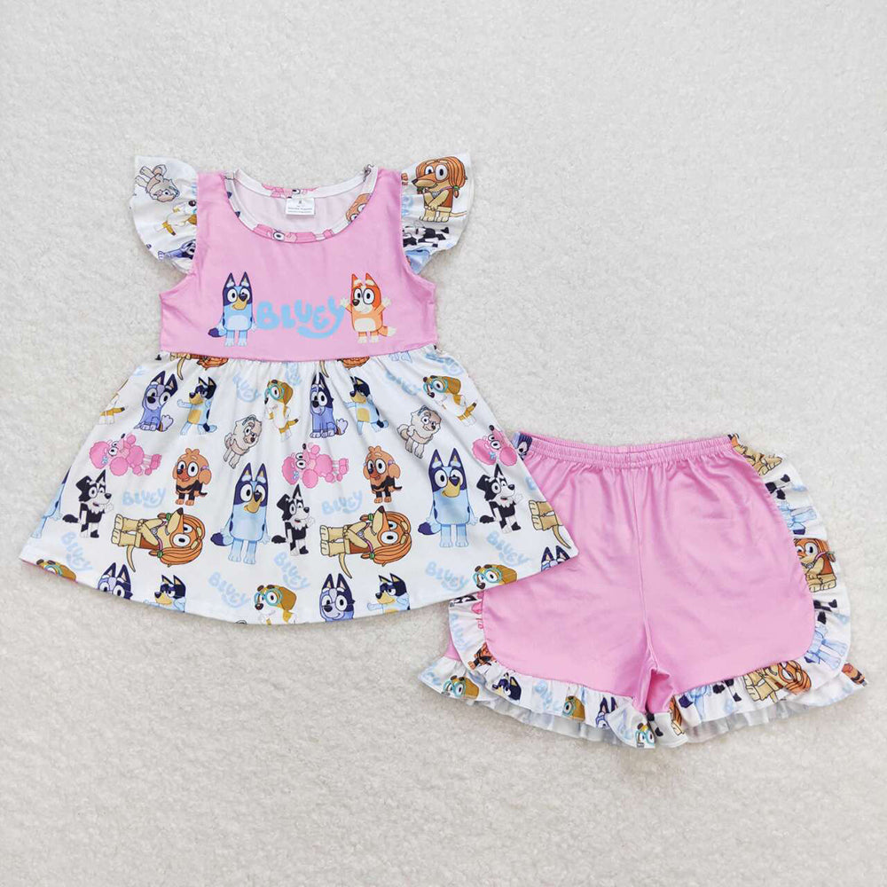 Baby Girl Short Sleeves Dogs Sibling Sister Ruffle Shorts Set