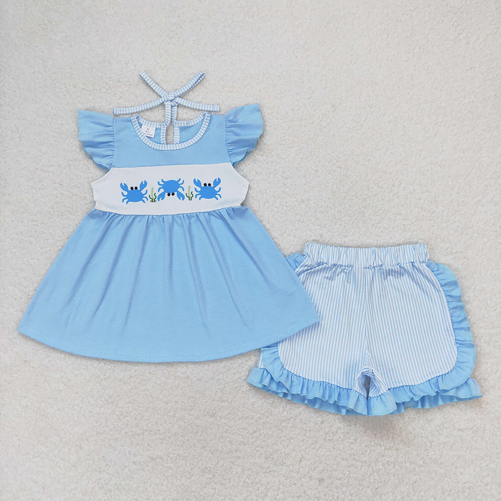 Baby Girl Crab Tunic Stripes Ruffle Shorts Blue Set