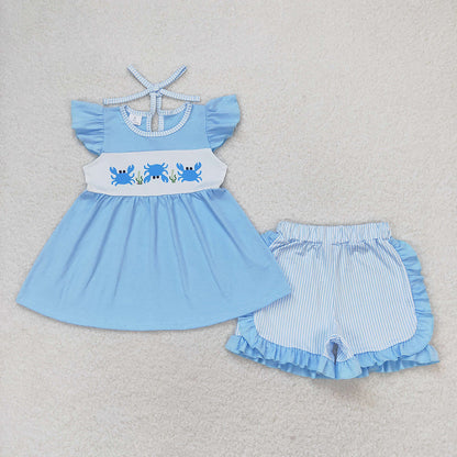 Baby Girl Crab Tunic Stripes Ruffle Shorts Blue Set