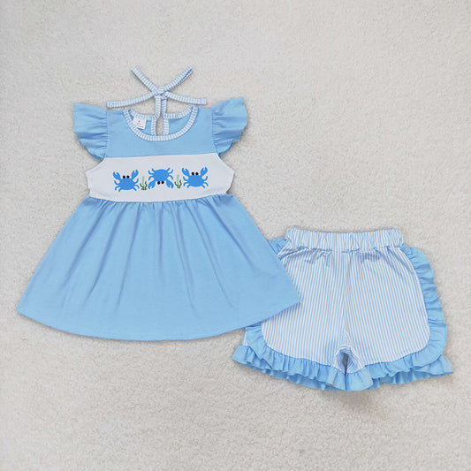 Baby Girl Crab Tunic Stripes Ruffle Shorts Blue Set