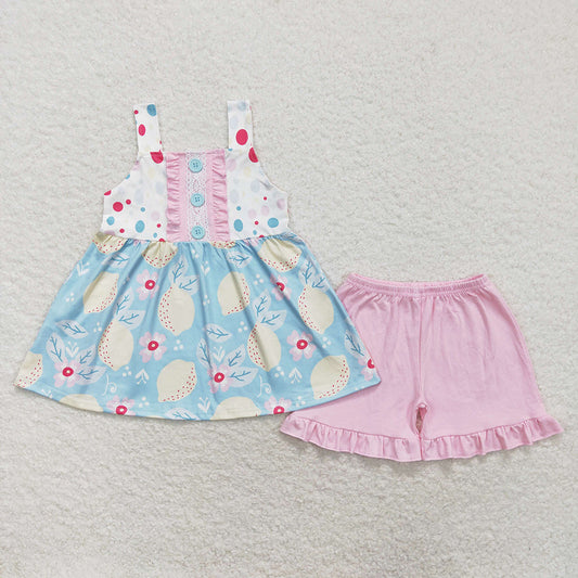 Baby Girl Lemon Tops Pink Ruffle Cotton Shorts Set