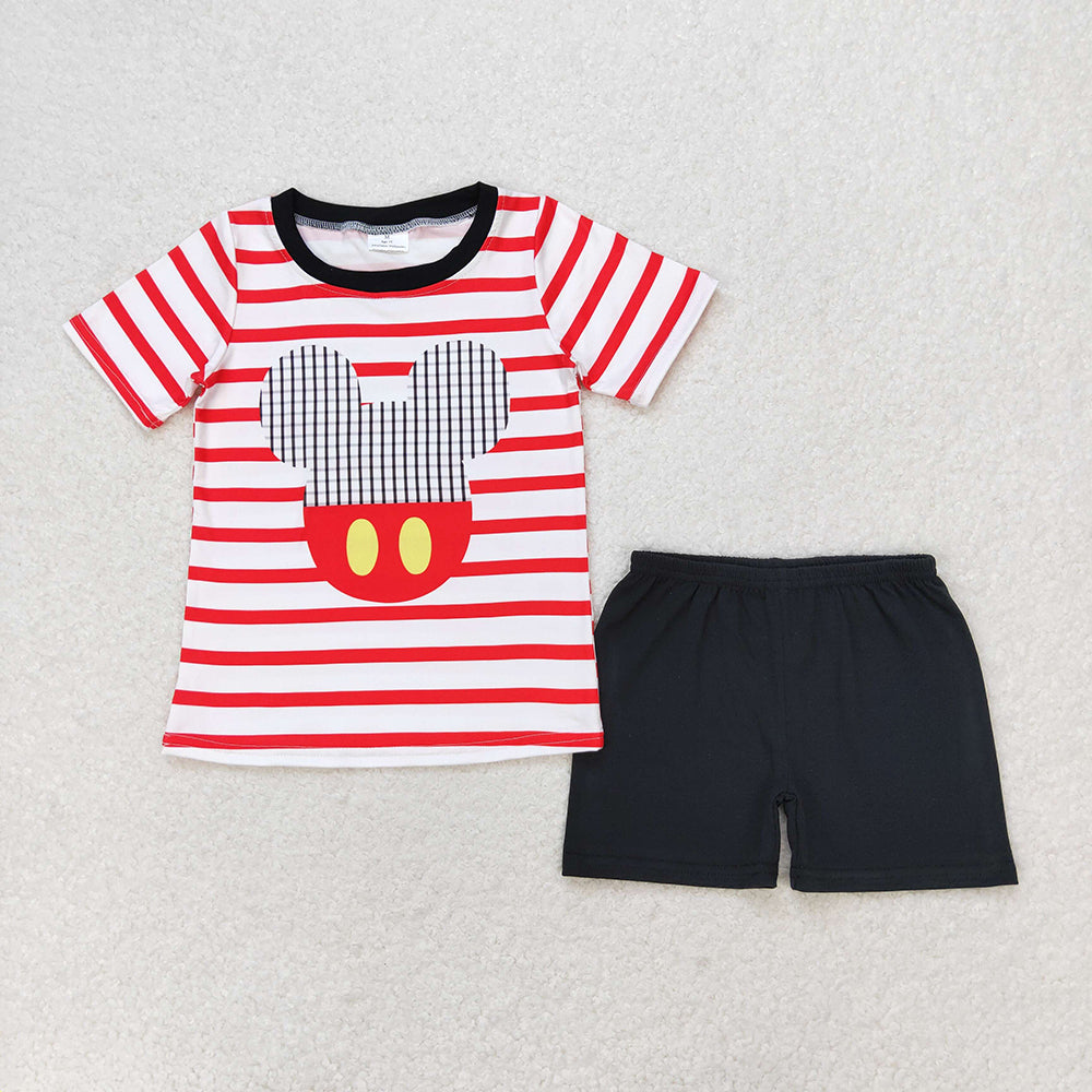 Baby Boy Red Stripes Mouse Shirt Black Shorts Set