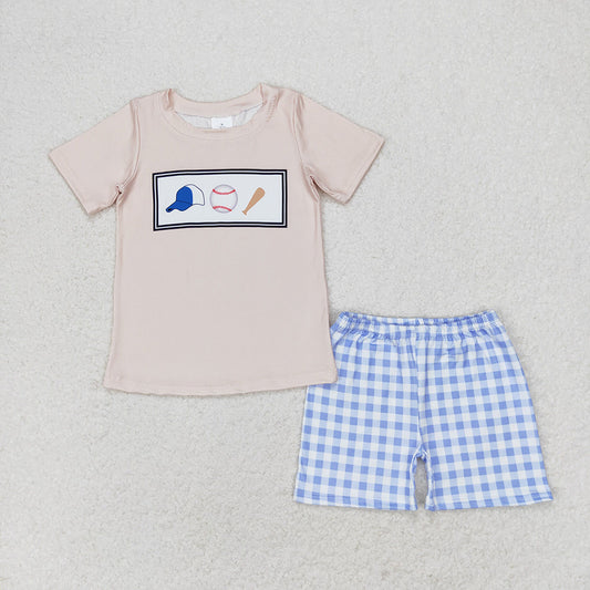 Baby Boy Baseball Shirts Blue Plaid Shorts Set