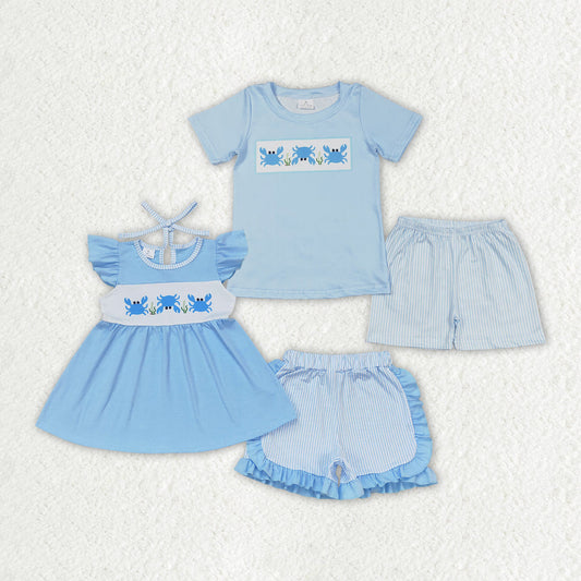 Baby Boy Girl Crab Tops Stripes Shorts Sibling Summer Blue Set