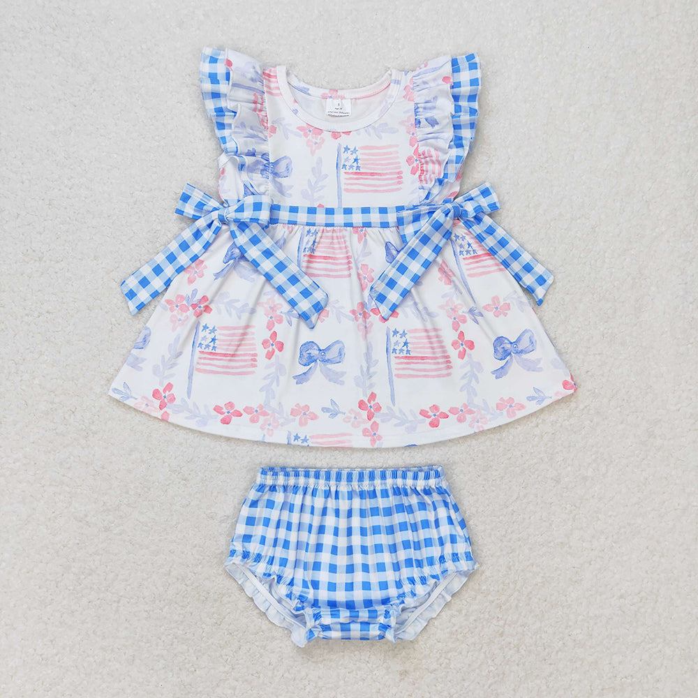 Baby Girl Blue Bows Flags Tunic Bummies July 4th Set