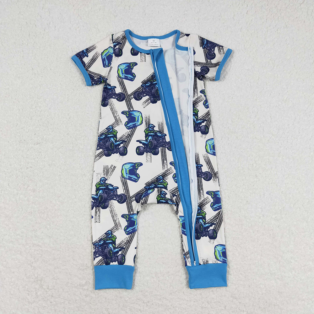 Baby Boy Blue Motobike Short Sleeves Zipper Romper