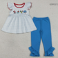 Baby Girls Short Sleeves Stripes Reading Tunic Blue Ruffle Pants Clothes Set RTS