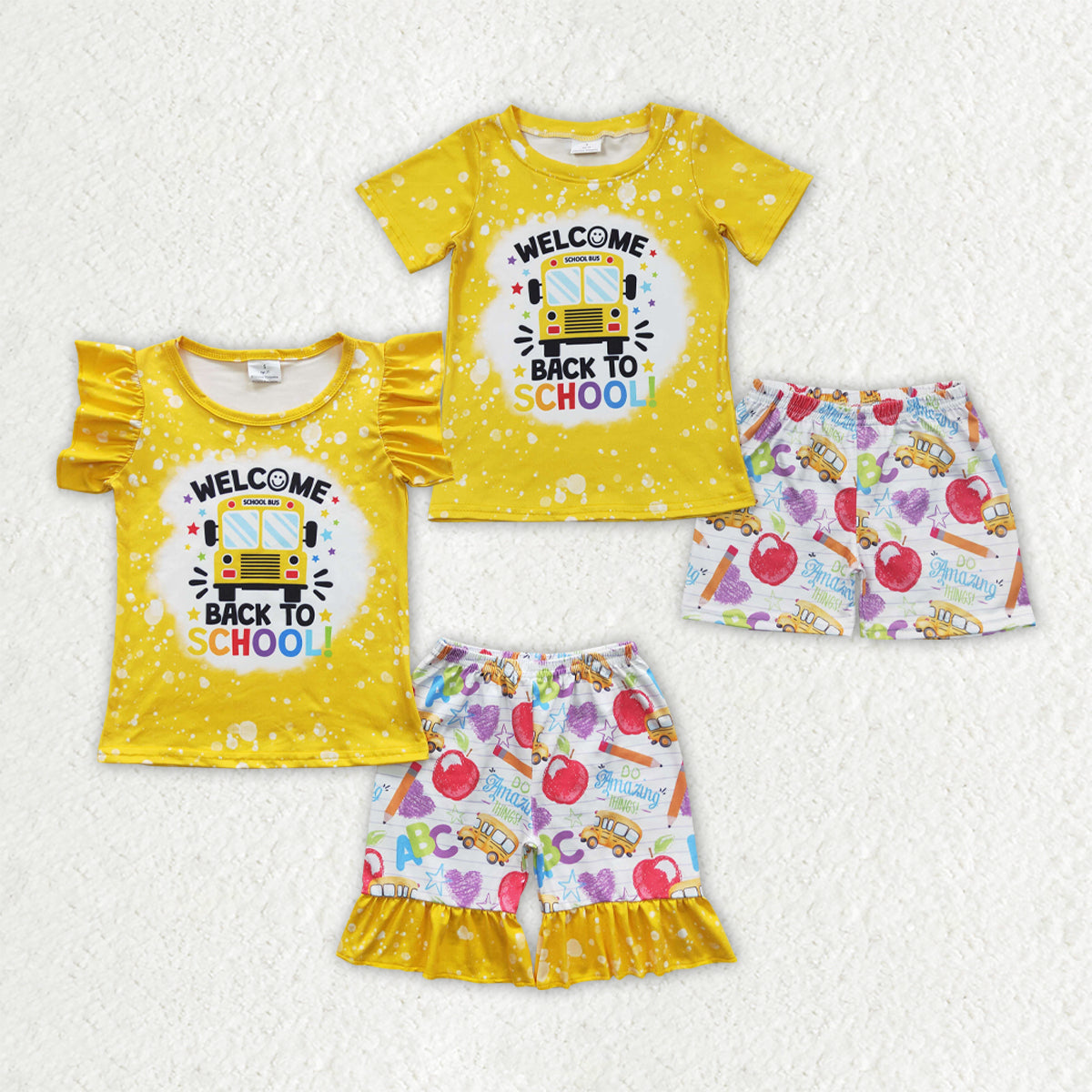 Baby Boy Girl Short Sleeves Bus Sibling Back To School Shorts Yellow Set RTS