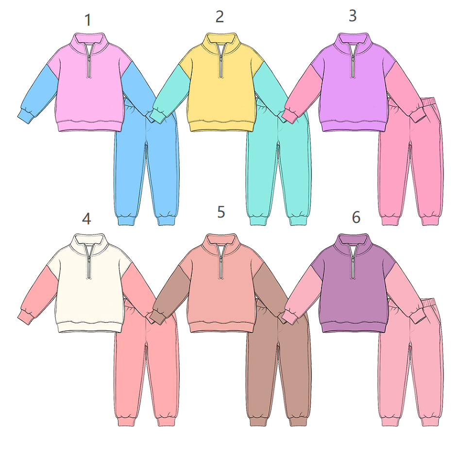 ( Moq 5 Each Style ) Sibling Baby Girls Half-Zip Pullover Shirts Pants Sibling Color Block Sets Clothes