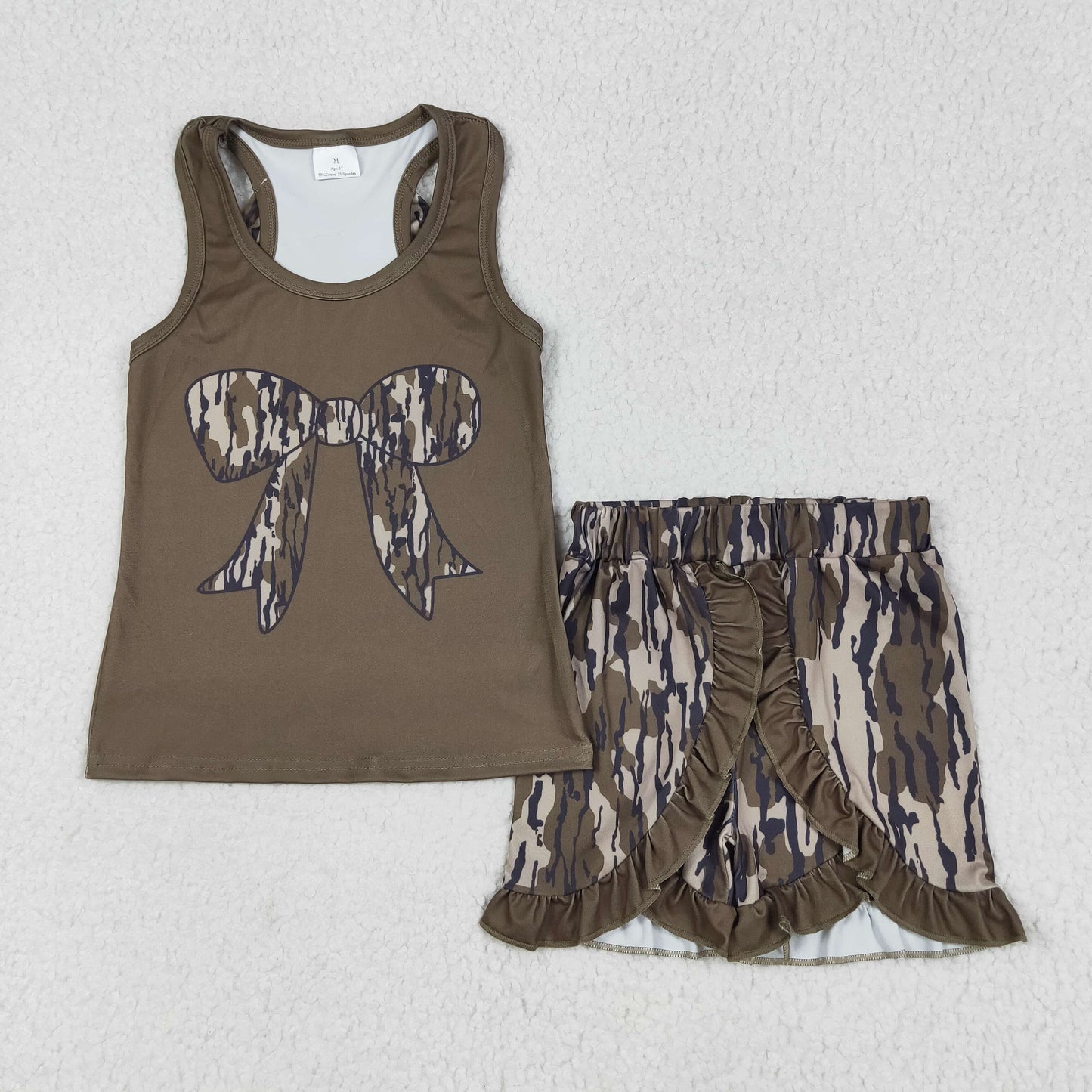 Baby Girl Sleeveless Bows Tops Green Camo Shorts Clothes Set RTS