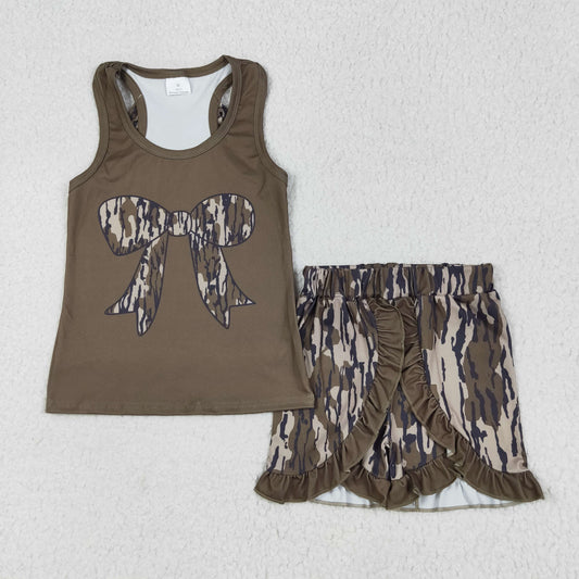 Baby Girl Sleeveless Bows Tops Camo Shorts Clothes Dark Green Set RTS