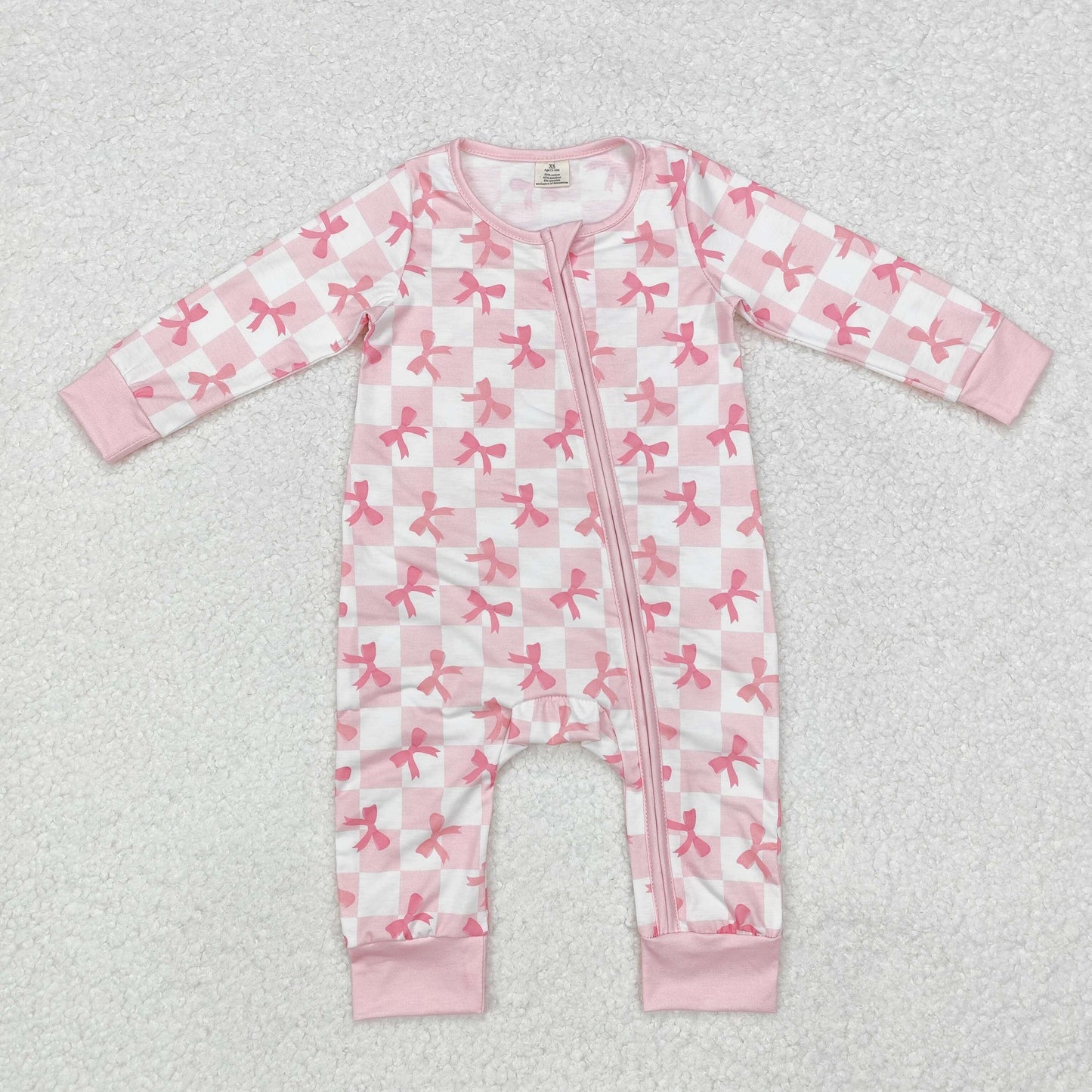 Baby Girl Long Sleeves Pink Checkered Bows Zipper Bamboo Romper