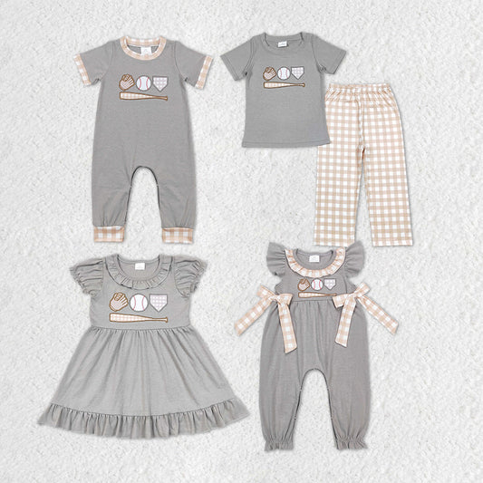 Baby Boy Girl Embroidery Baseball Sibling Romper Dress Set