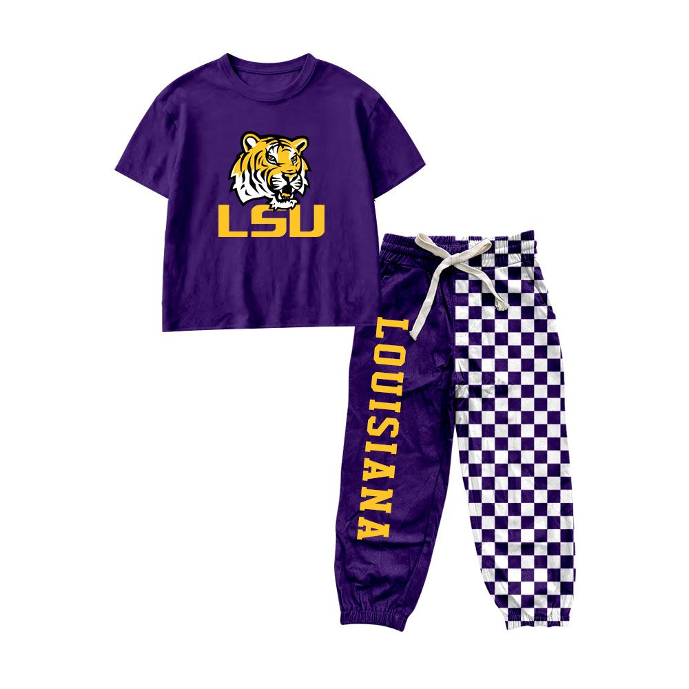 ( Moq 5 ) Preorder Baby Boys Kids Short Sleeves Tigers Shirt Purple Checked Pockets Pants Team Set Clothes