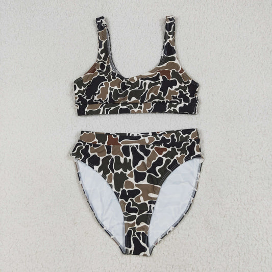 Adult Women Sleeveless Brown Camo Tops Shorts Swimsuit Set RTS