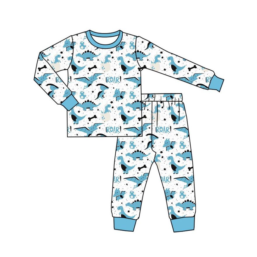 ( Moq 5 ) Preorder Baby Boys Kids Long Sleeves Dinosaurs Shirt Pants Blue Set Pajamas Clothes
