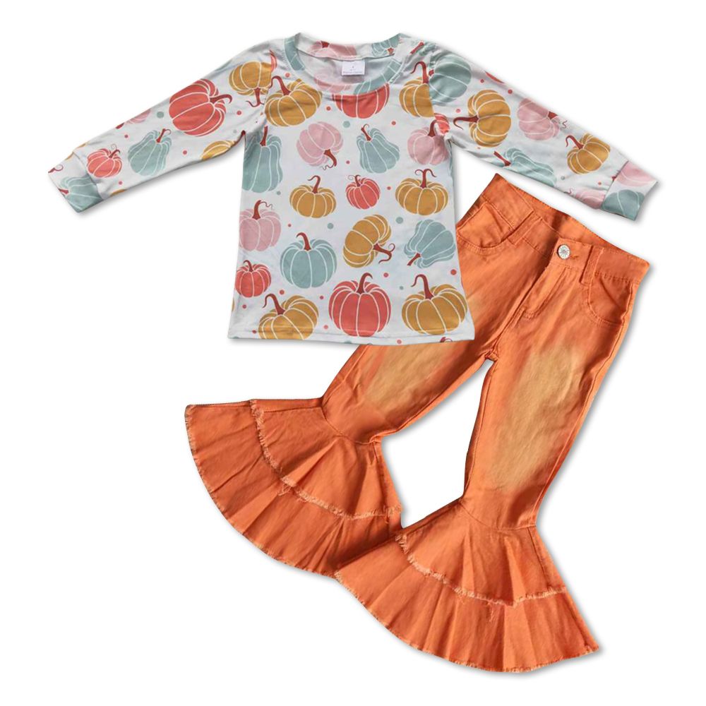 Baby Girl Long Sleeves Pumpkin Shirt Orange Denim Pants Jeans Fall Outfit