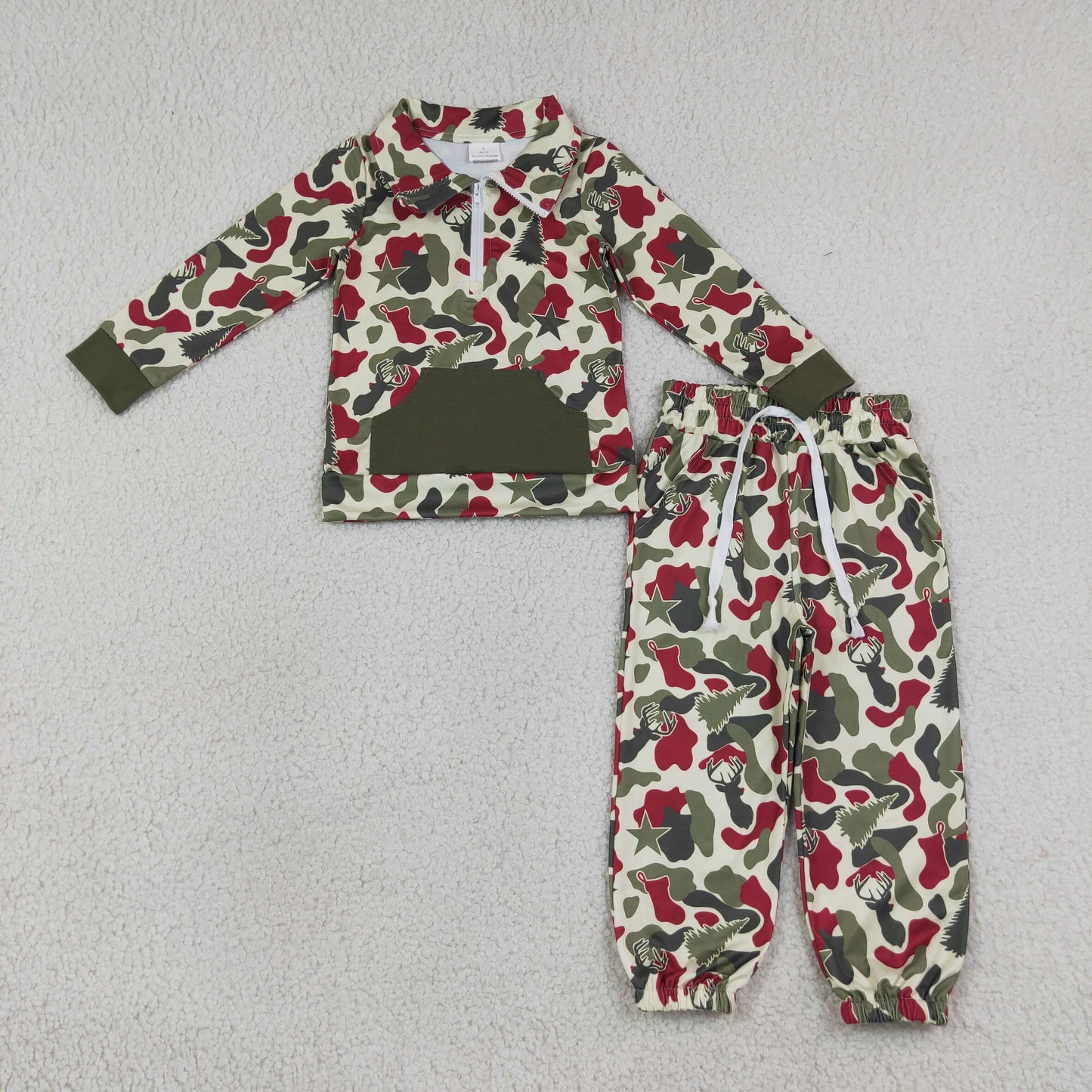 Baby Boys Kids Christmas Tree Camo Zipper Shirt Pockets Pants Clothes Set RTS
