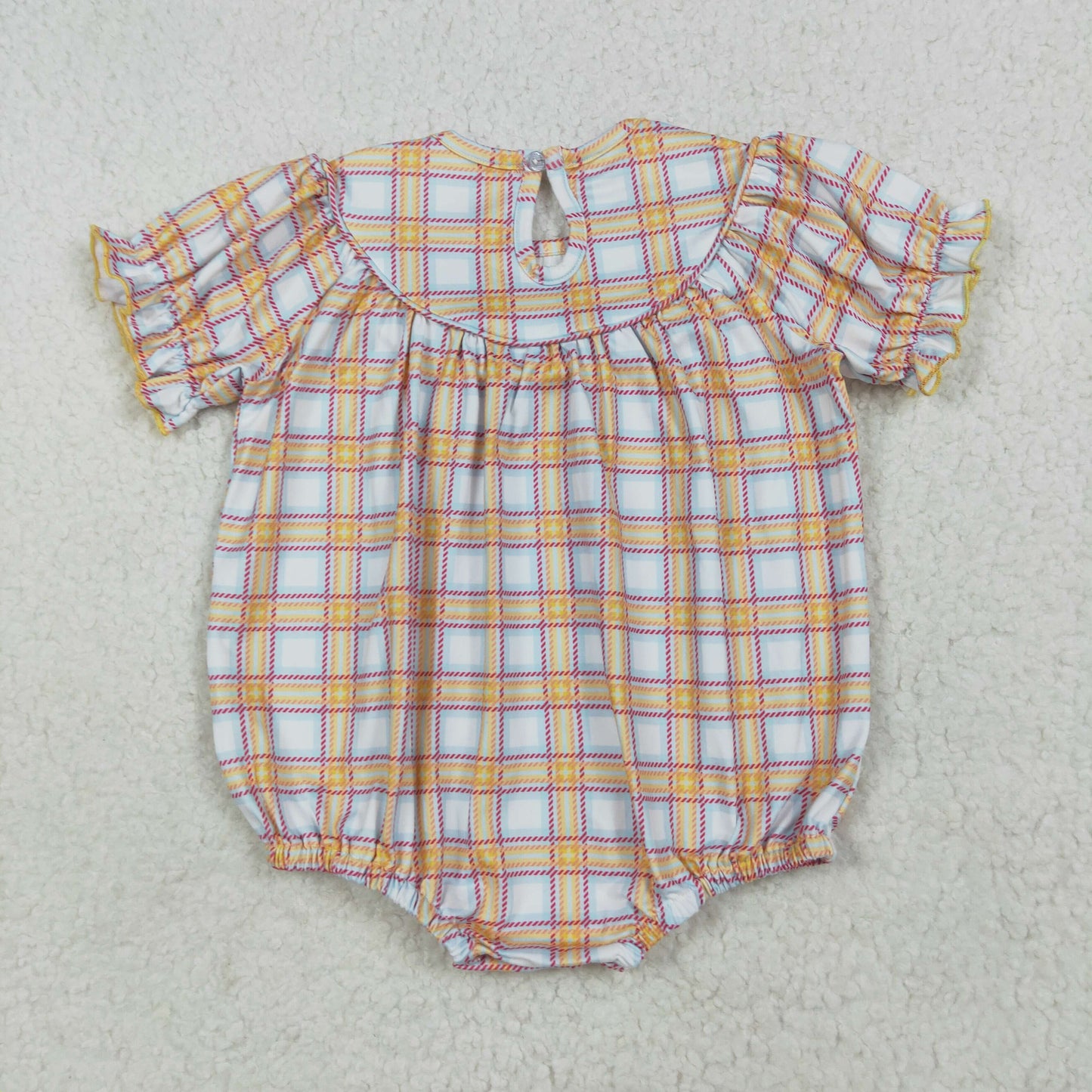 Baby Girl Short Sleeves Embroidery Farm Animals Plaid Bubble Smocked Romper RTS