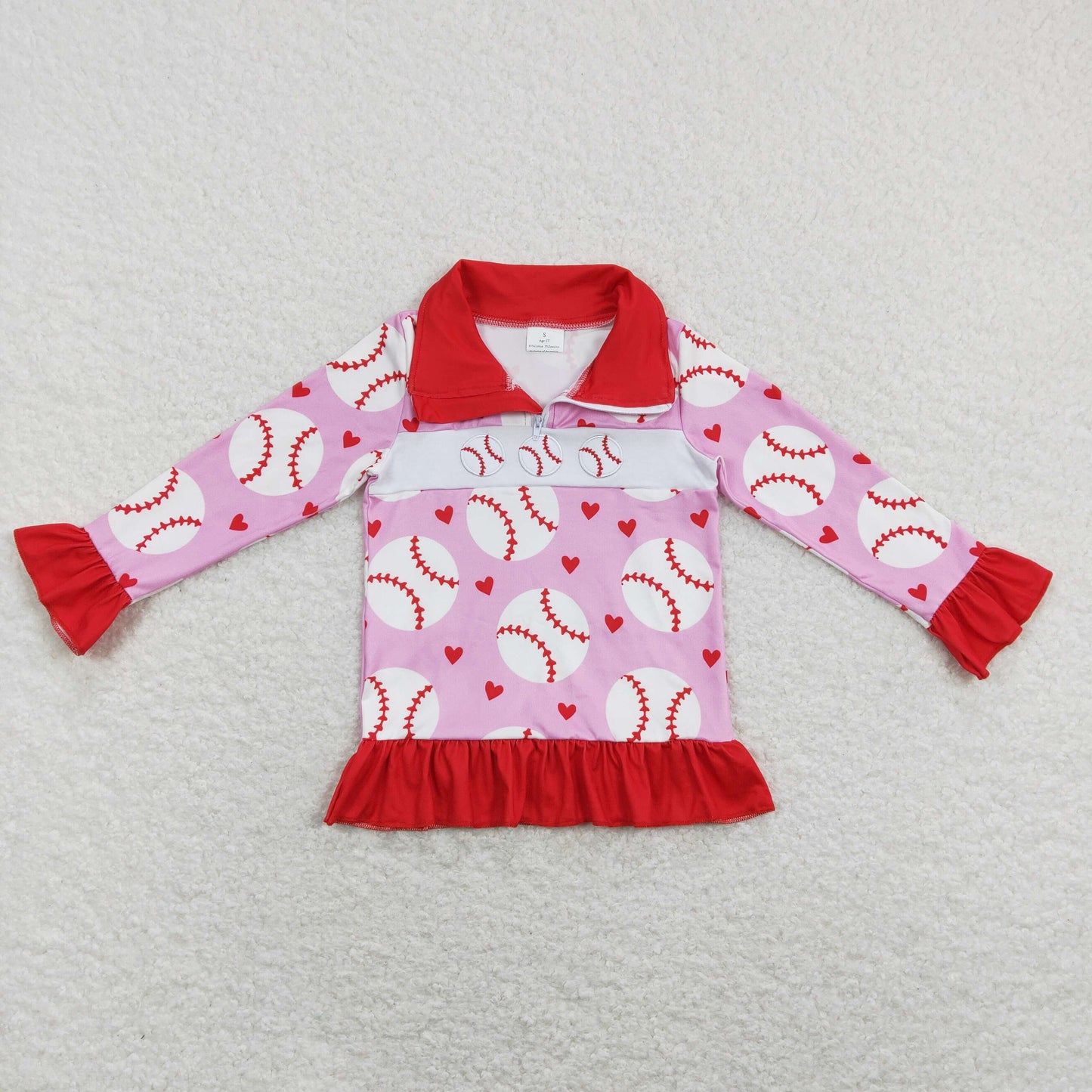 GT0429 Baby Girl Embroidery Baseball Hearts Tops Shirt