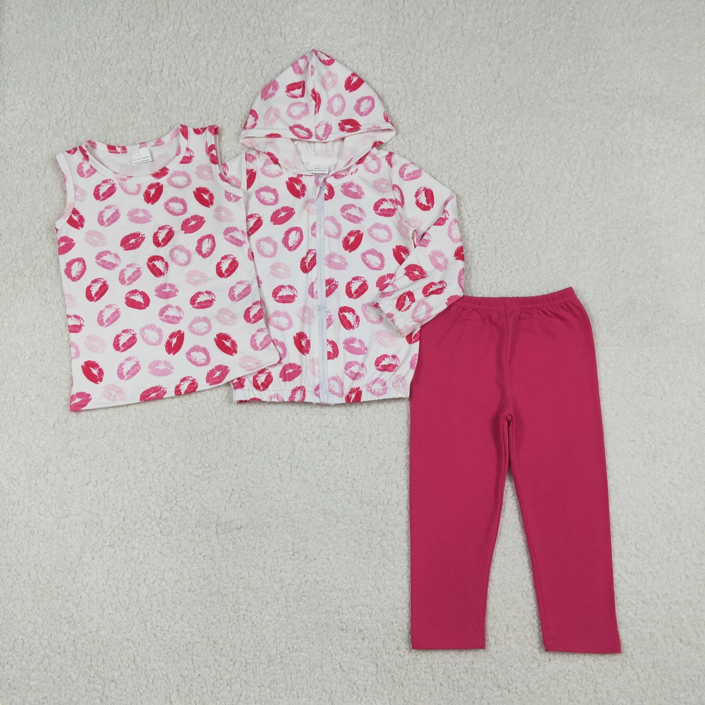 Baby Girls Long Sleeves Zipper Hoodie Tops Pink Pants Valentine 3 pics Set RTS