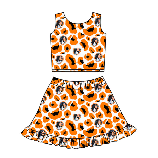 ( Moq 5 ) Baby Girls Kids Sleeveless Orange Leopard Dogs Football Tops Shorts Skirt Team Clothes Set