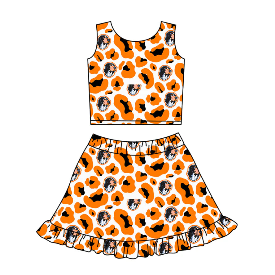 ( Moq 5 ) Baby Girls Kids Sleeveless Orange Leopard Dogs Football Tops Shorts Skirt Team Clothes Set