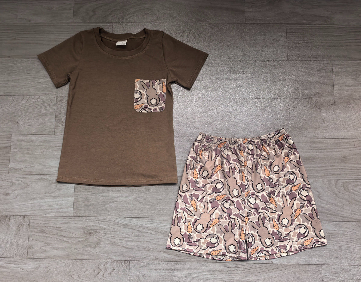 ( No moq ) Preorder Baby Boys Kids Short Sleeves Shirt Rabbits Carrots Camo Shorts Easter Set Clothes
