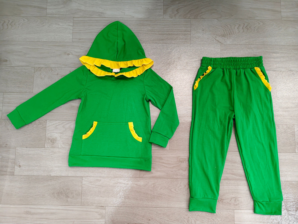( No moq ) Preorder Baby Girls Kids Yellow Ruffle Hoodie Pullover Pockets Pants Green Set Cotton Clothes