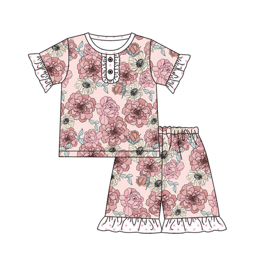 Baby Girl Flower Short Sleeves Shirt Shorts Pajamas Clothes Set Moq 5