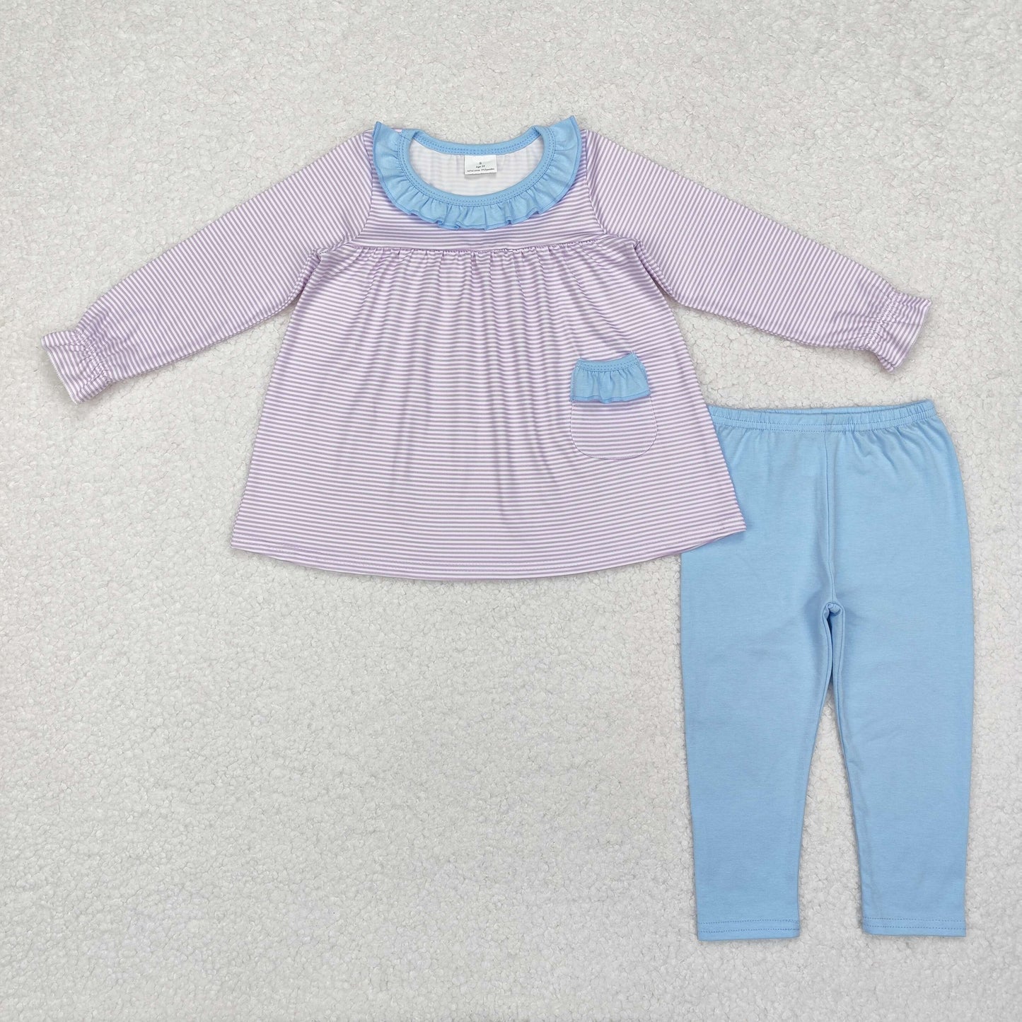 Baby Girl Long Sleeves Stripes Pocket Tunic Tops Blue Cotton Leggings Pants Clothes Set