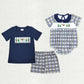Sibling Baby Boys Short Sleeves Embroidery Ducks Navy Plaid Romper Set Hunting Clothes RTS