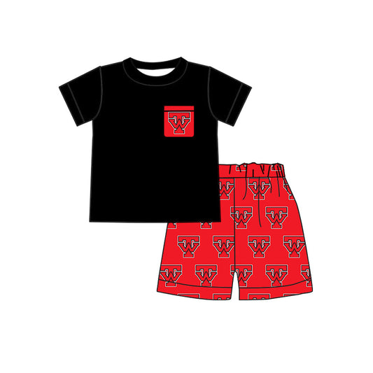 baby boy stripes short sleeves black shirt red shorts team set