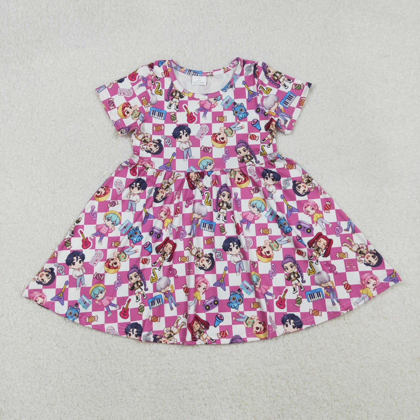 Baby Girls Kids Short Sleeves Music Character Plaid Knee Length Dress RTS