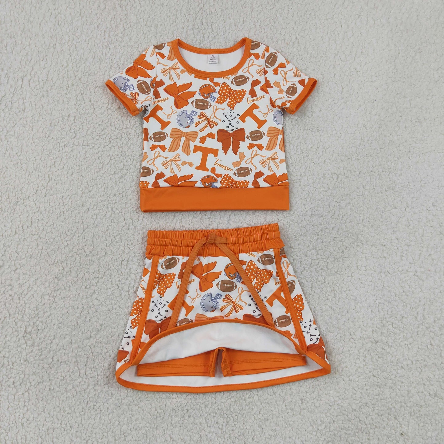 Baby Girls Kids Short Sleeves Orange Bows Shirt Team Skirt Shorts Yoga Set RTS