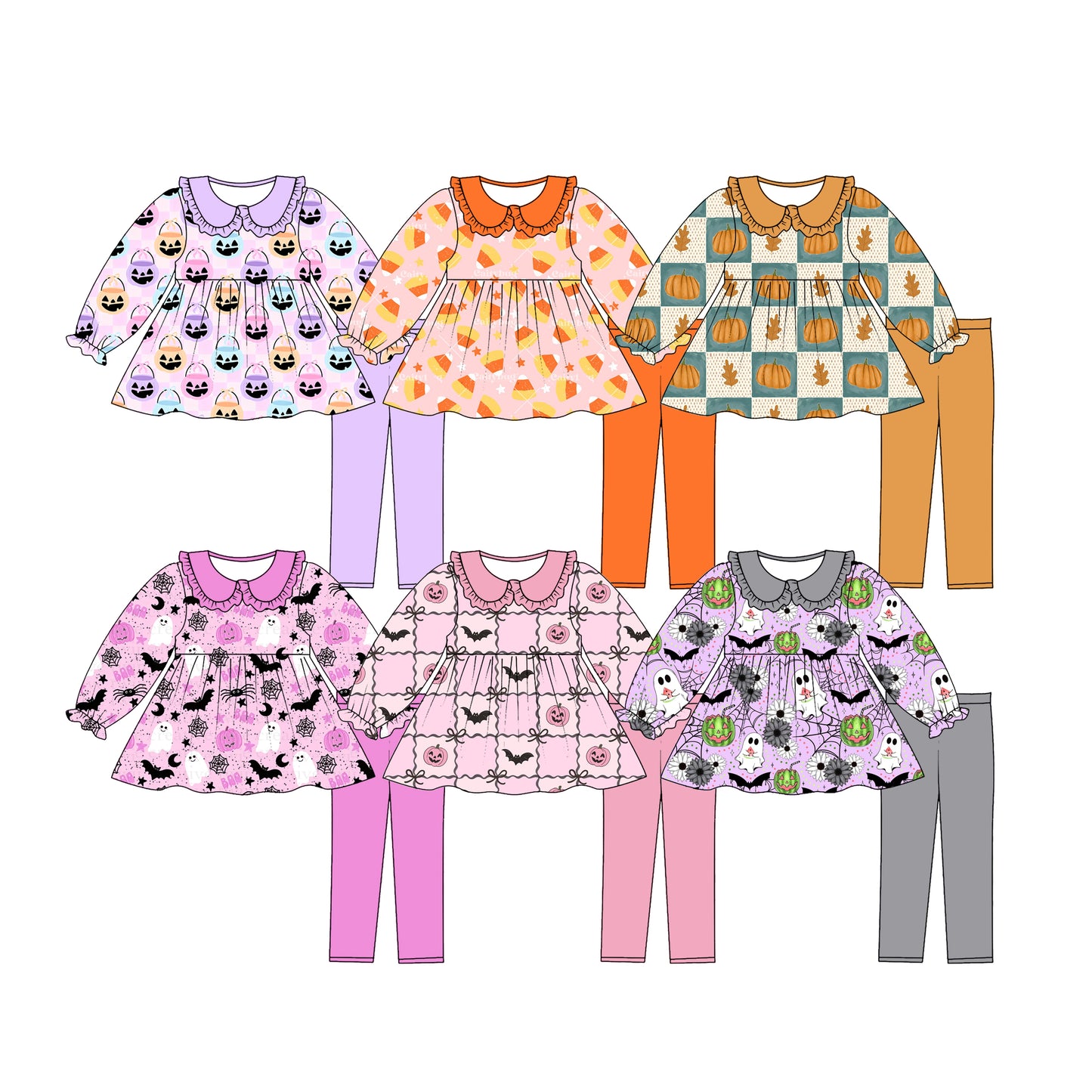 ( Moq 5 Each Style ) Sibling Baby Girls Kids Long Sleeves Pumpkins Ghosts Tunic Pants Sets Halloween Clothes