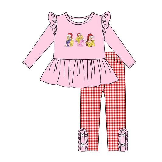 Baby Girl Christmas Princess Long Sleeve Pink Tops Plaid Pants Set