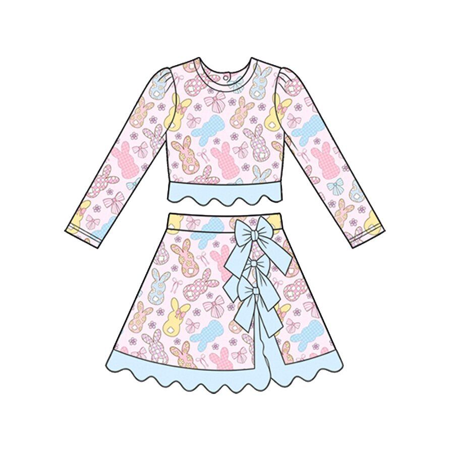 ( Moq 5 ) Preorder Baby Girls Kids Rabbits Bows Shirt Skirt Shorts Easter Set Yoga Active Clothes