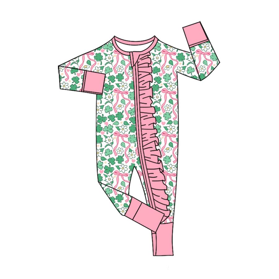 ( Moq 5 ) Preorder Baby Boys Kids Clovers Flower Bows St Patrick Zipper Footie Romper Clothes