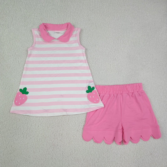Baby Girls Kids Embroidery Strawberry Stripes Tops Pink Scallop Shorts Set Clothes RTS