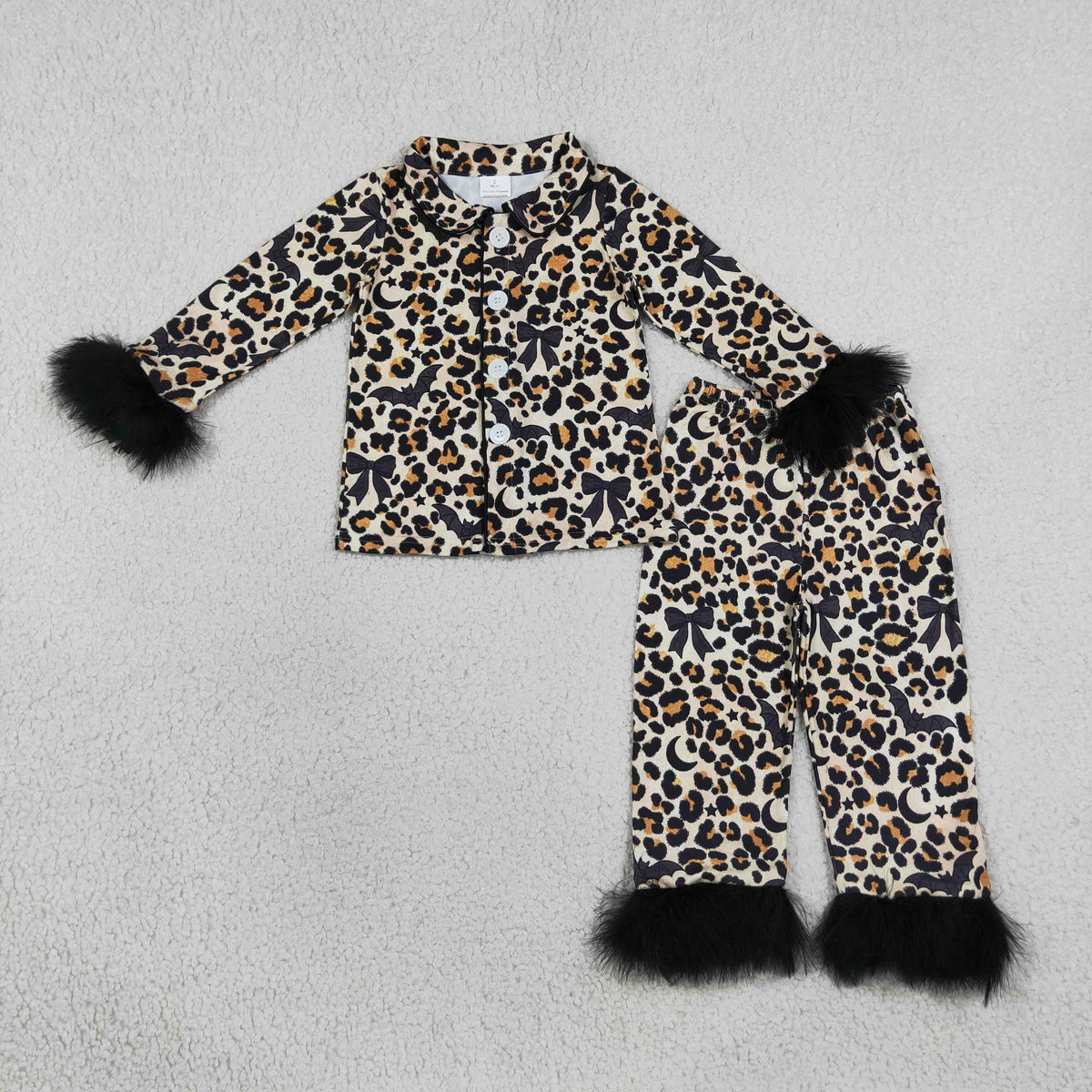 Baby Girls Kids Bats Leopard Bows Buttons Shirt Black Fur Pants Halloween Pajamas Set Clothes RTS