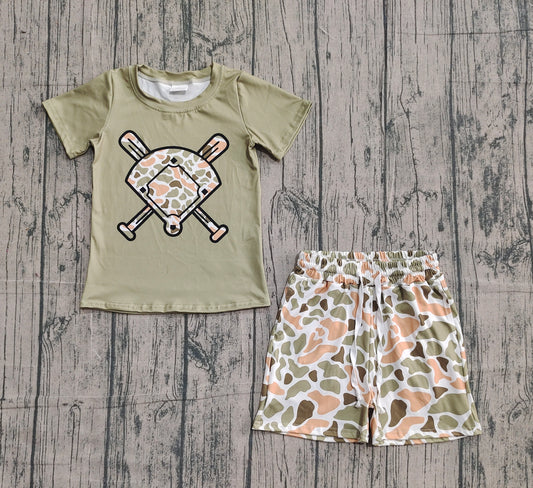 ( No moq ) Baby Boys Short Sleeves Baseball Shirt Camo Shorts Green Clothes Set