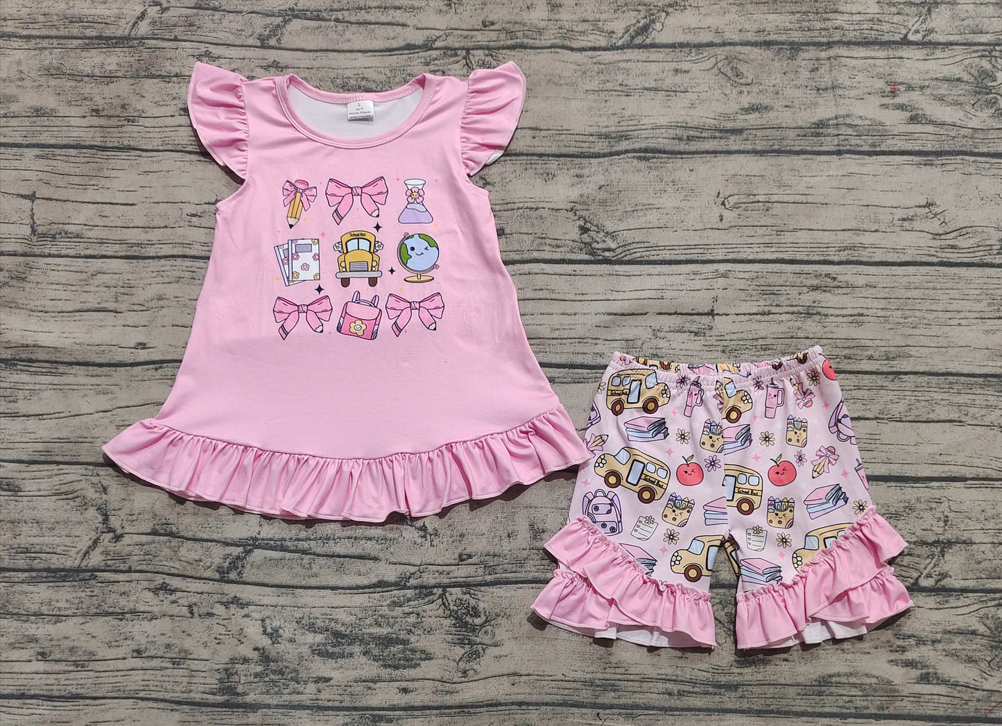 Baby Girl Short Sleeves Pink Shirt Pencils Bows Shorts Back To School Set RTS