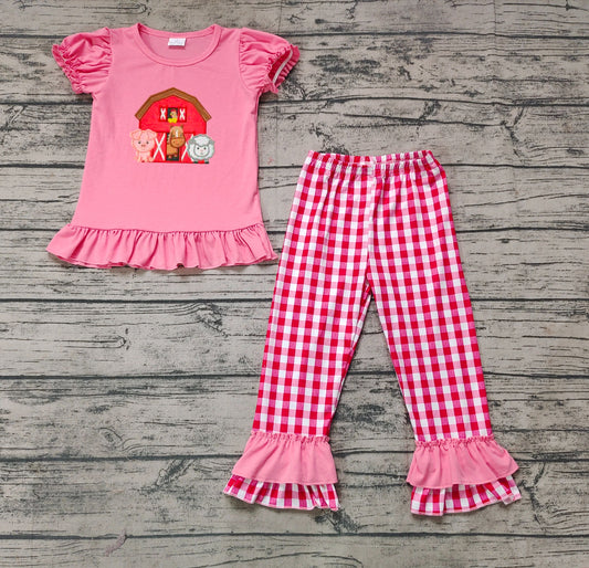No moq Pre-order GSPO0994 Baby Girl Short Sleeves Farm Shirt Plaid Pants Set