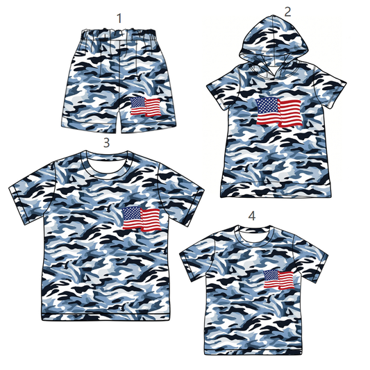 ( Moq 5 Each Style ) Sibling Baby Boys Adult Men Short Sleeves Camo Flags Shirts Shorts Clothes