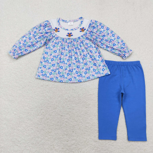 Baby Girl Floral Thanksgiving Embroidery turkey Tunic Blue Legging Set