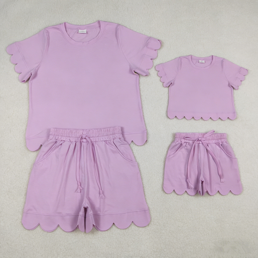 Sibling Baby Girls Adult Women Short Sleeves Lavender Cotton Shirts Shorts Scallop Sets Summer Clothes RTS